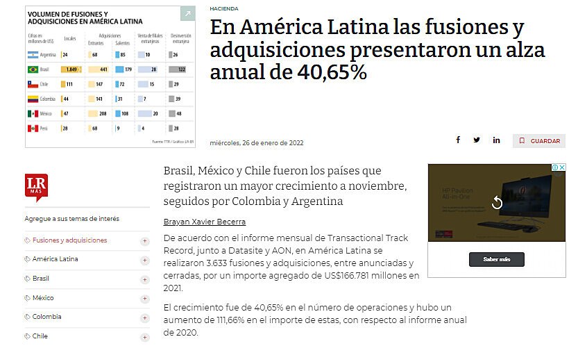 En Amrica Latina las fusiones y adquisiciones presentaron un alza anual de 40,65%